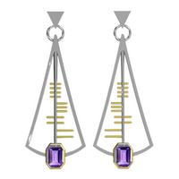 The Adeline Earrings by Gallardo & Blaine Designs are a contemporary accessory showcasing modern geometric styles with triangular sterling silver frames and delicate concentric gold lines inside. Each earring features a small purple rectangular gemstone a