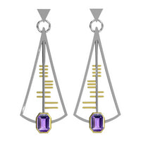 The Adeline Earrings by Gallardo & Blaine Designs are a contemporary accessory showcasing modern geometric styles with triangular sterling silver frames and delicate concentric gold lines inside. Each earring features a small purple rectangular gemstone a