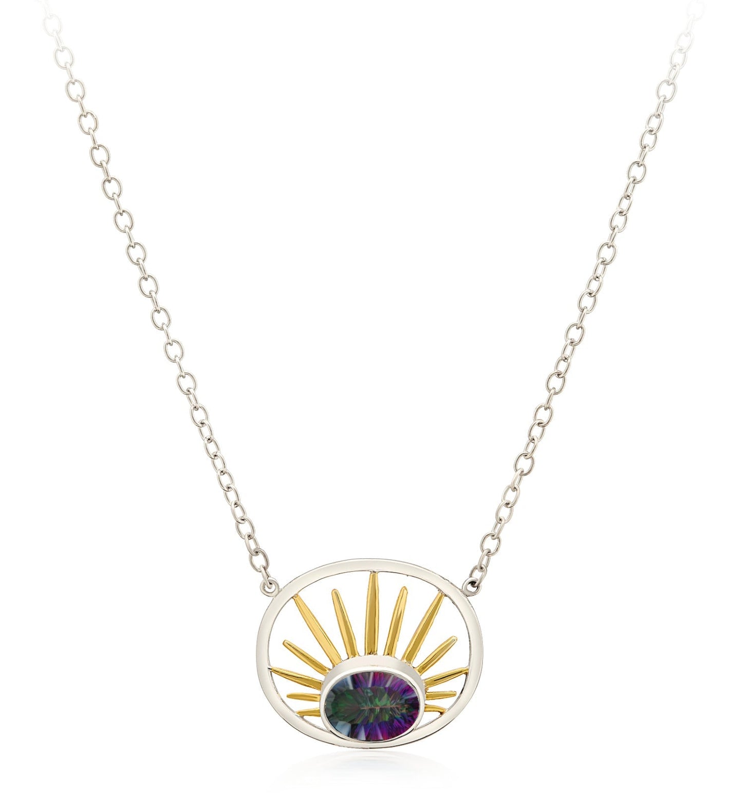 A stunning Goddess Necklace Small in various gemstones from Gallardo & Blaine Designs features a pendant with a central, oval, multicolored gemstone. The gemstone is framed by a circular sterling silver outline with golden sunburst rays extending upwards,