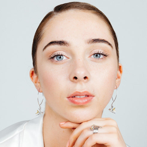 Wildlife Swallow Silver & Gold Open Hoop Earrings